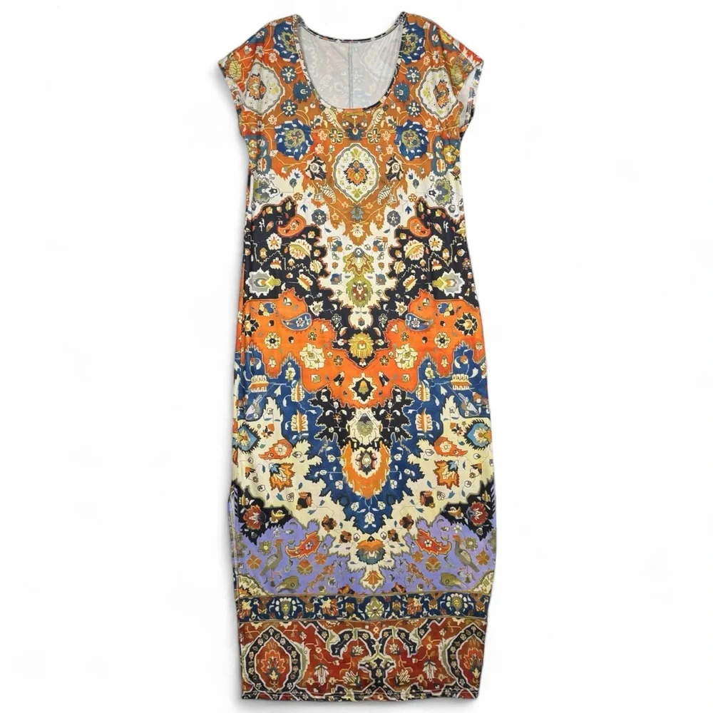 Shein Vacation Style‎ Side Slit Maxi Dress Womens Large Short Cap Sleeves